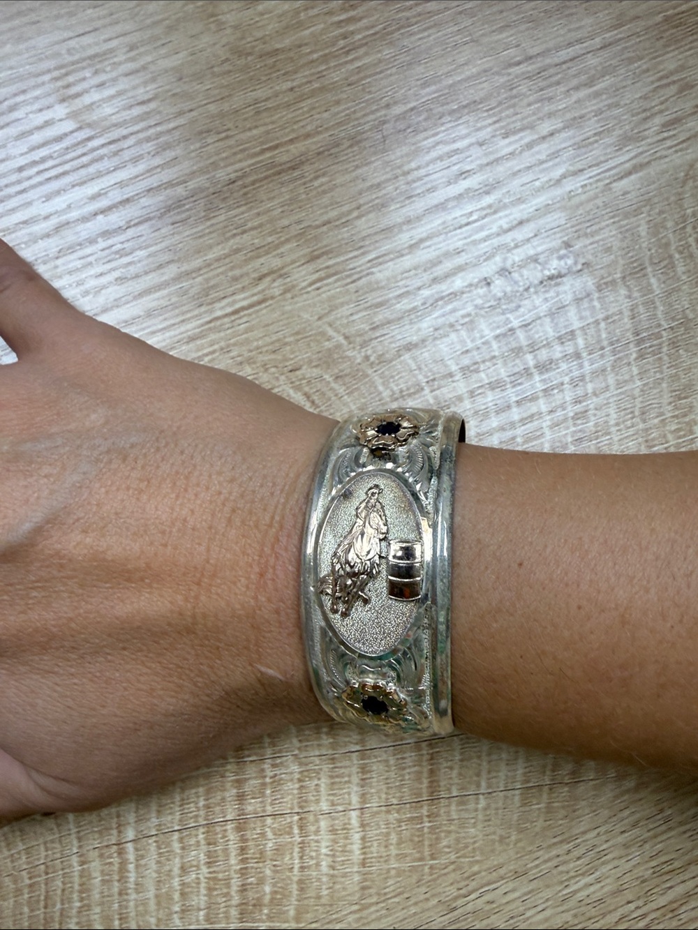Sterling and White Gold Cuff with Two Sapphires Barrel Racer - Artist Stamped